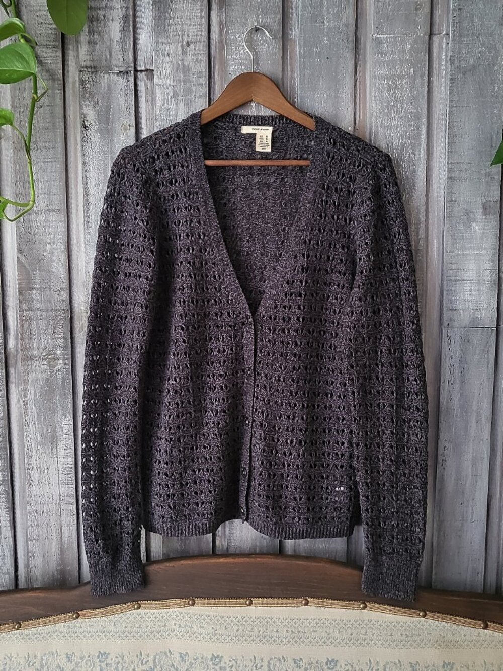 DKNY Jeans Vintage 2000s Knit Open Stitch Cardigan Sweater Charcoal Gray M